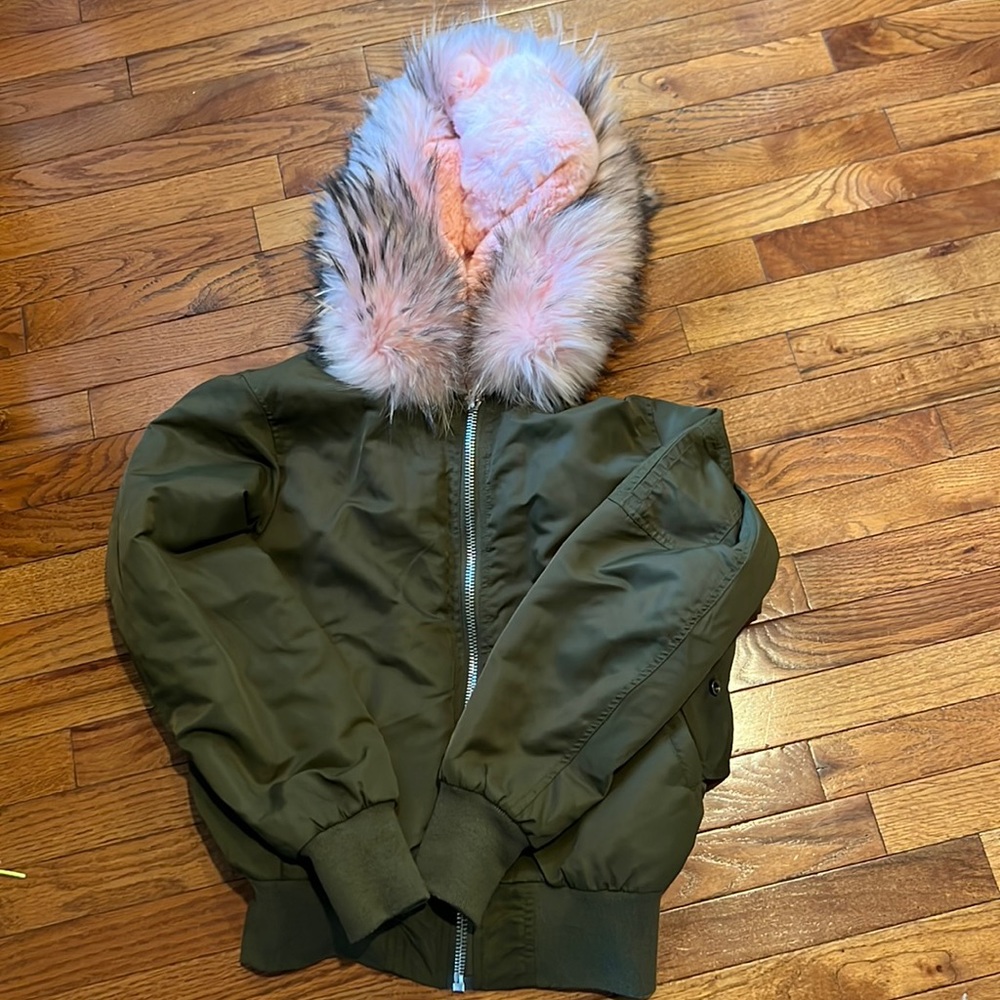 Pink rabbit fur lined hooded green bomber jacket
